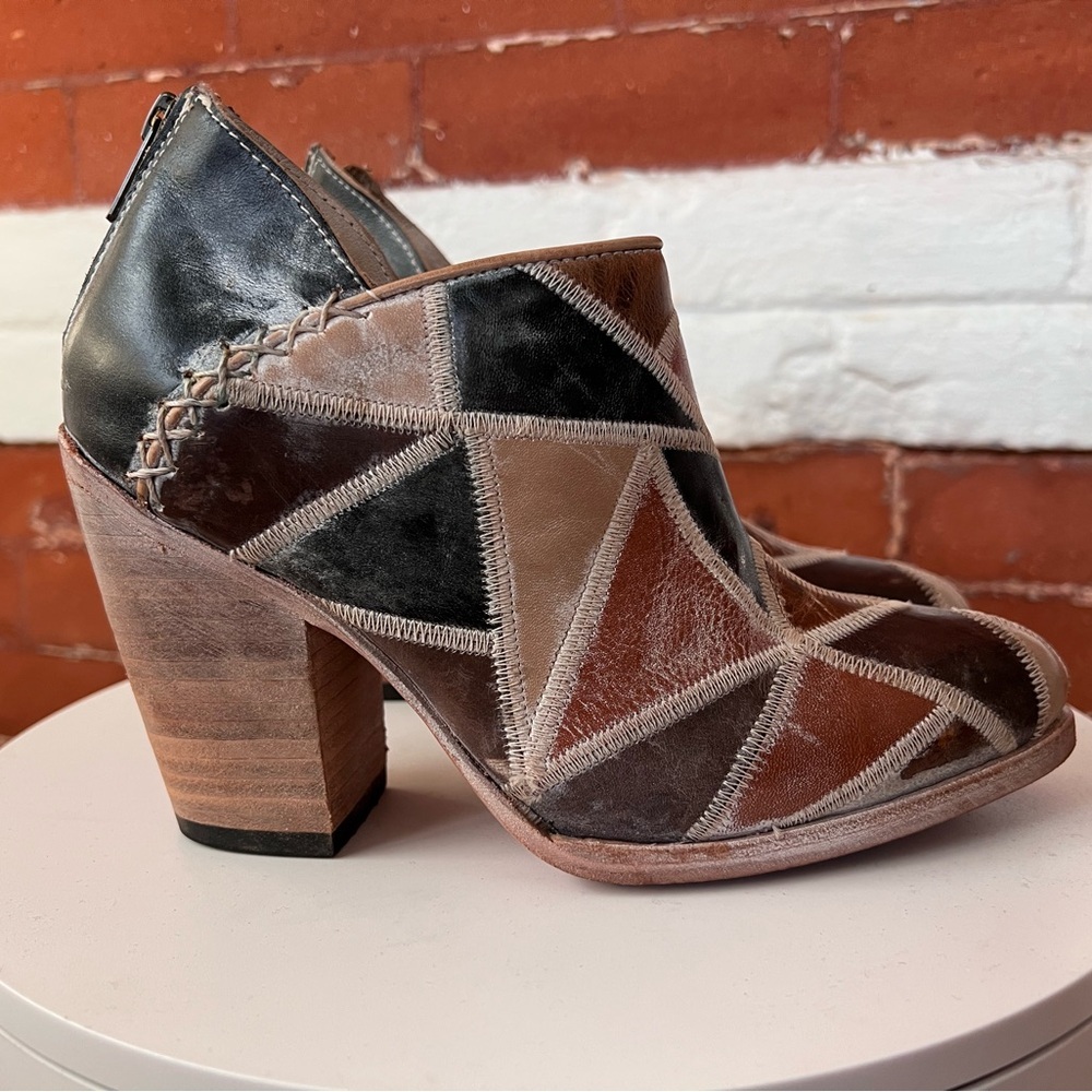 Patchwork Leather Ankle Booties in Brown and Black